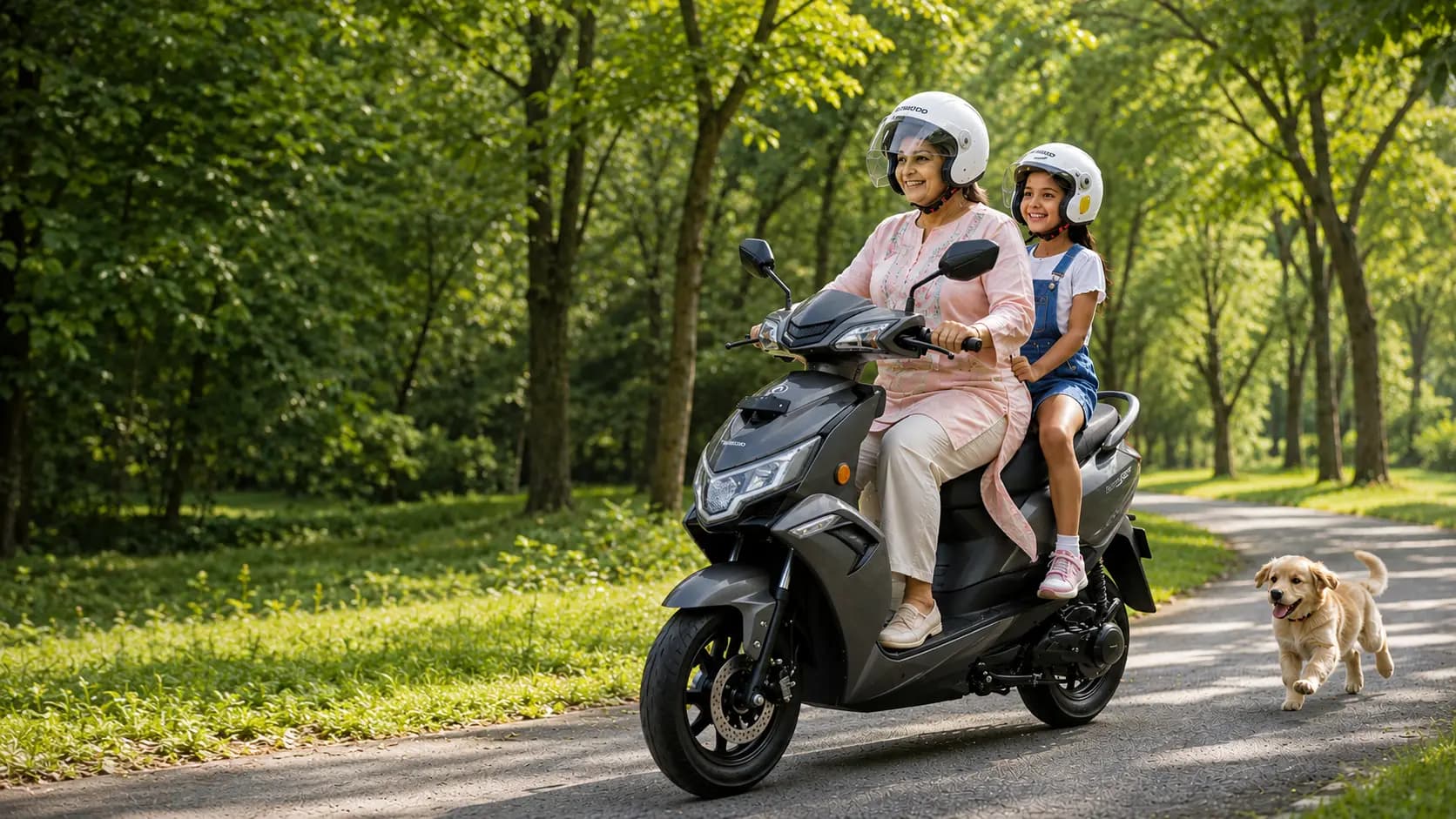 Grandmother and granddaughter riding a Sokudo electric scooter